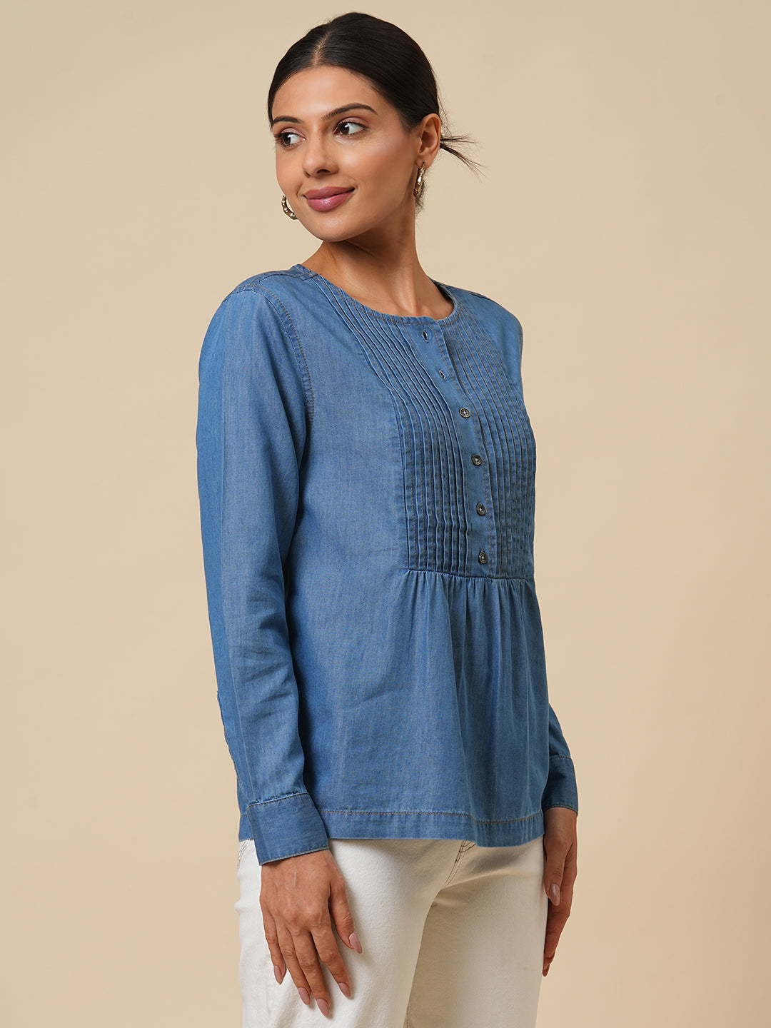 COTTON TENCEL PINTUCKED DENIM TOP