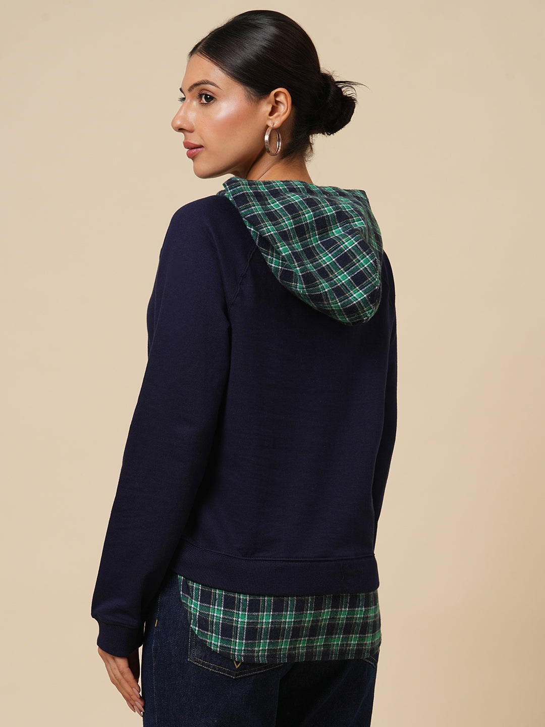 FRENCH TERRY & PLAID FAUX DOUBLER HOODED SWEATSHIRT