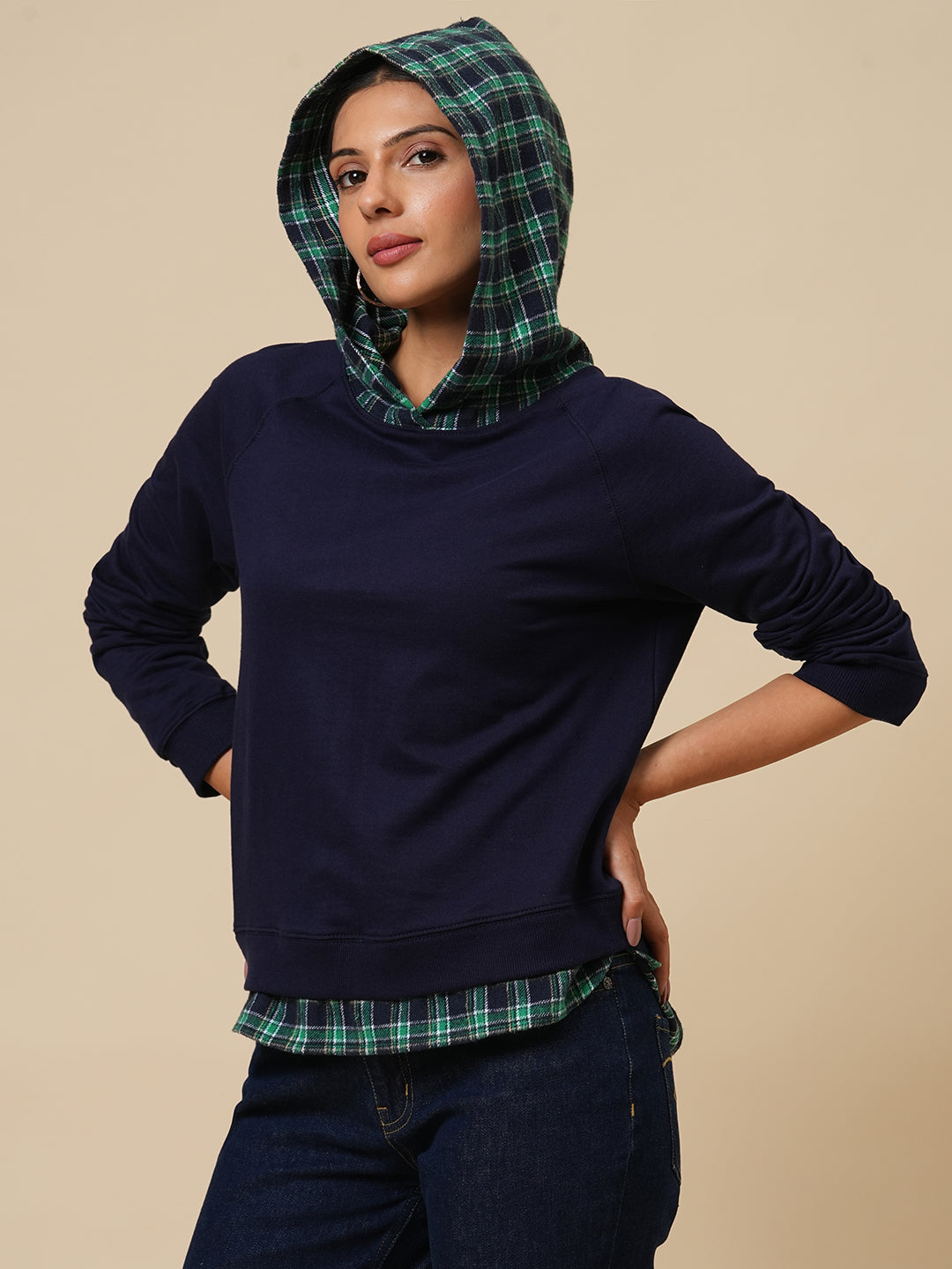 FRENCH TERRY & PLAID FAUX DOUBLER HOODED SWEATSHIRT