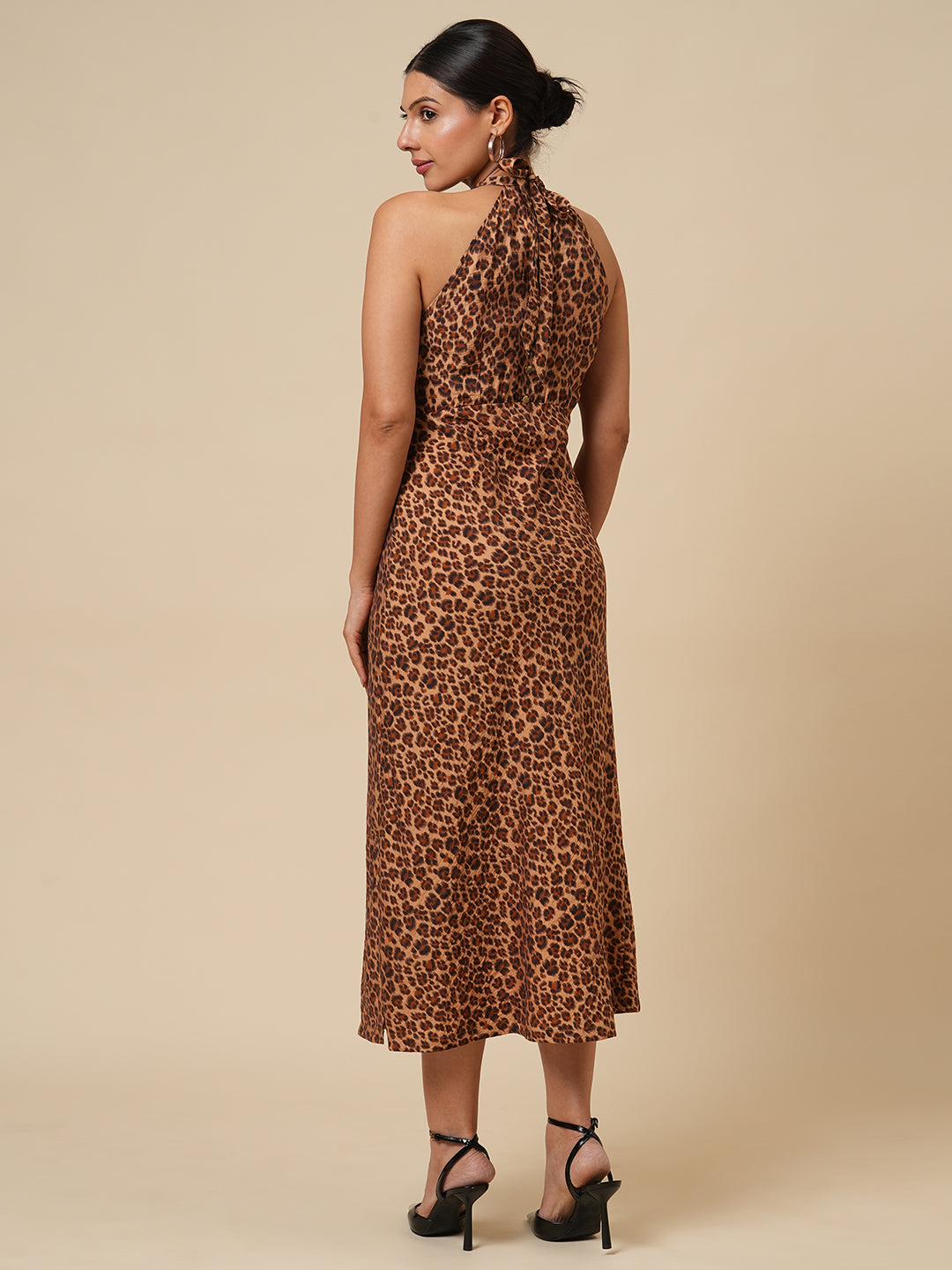 LEOPARD PRINTED BIAS CUT HALTER DRESS