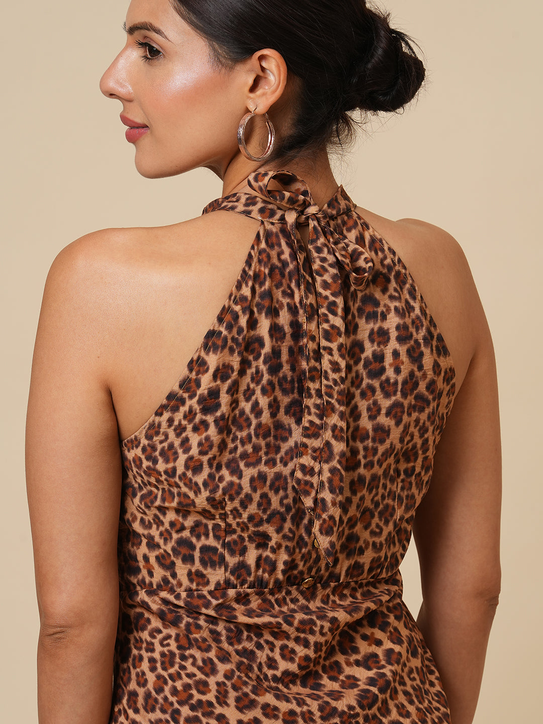 LEOPARD PRINTED BIAS CUT HALTER DRESS