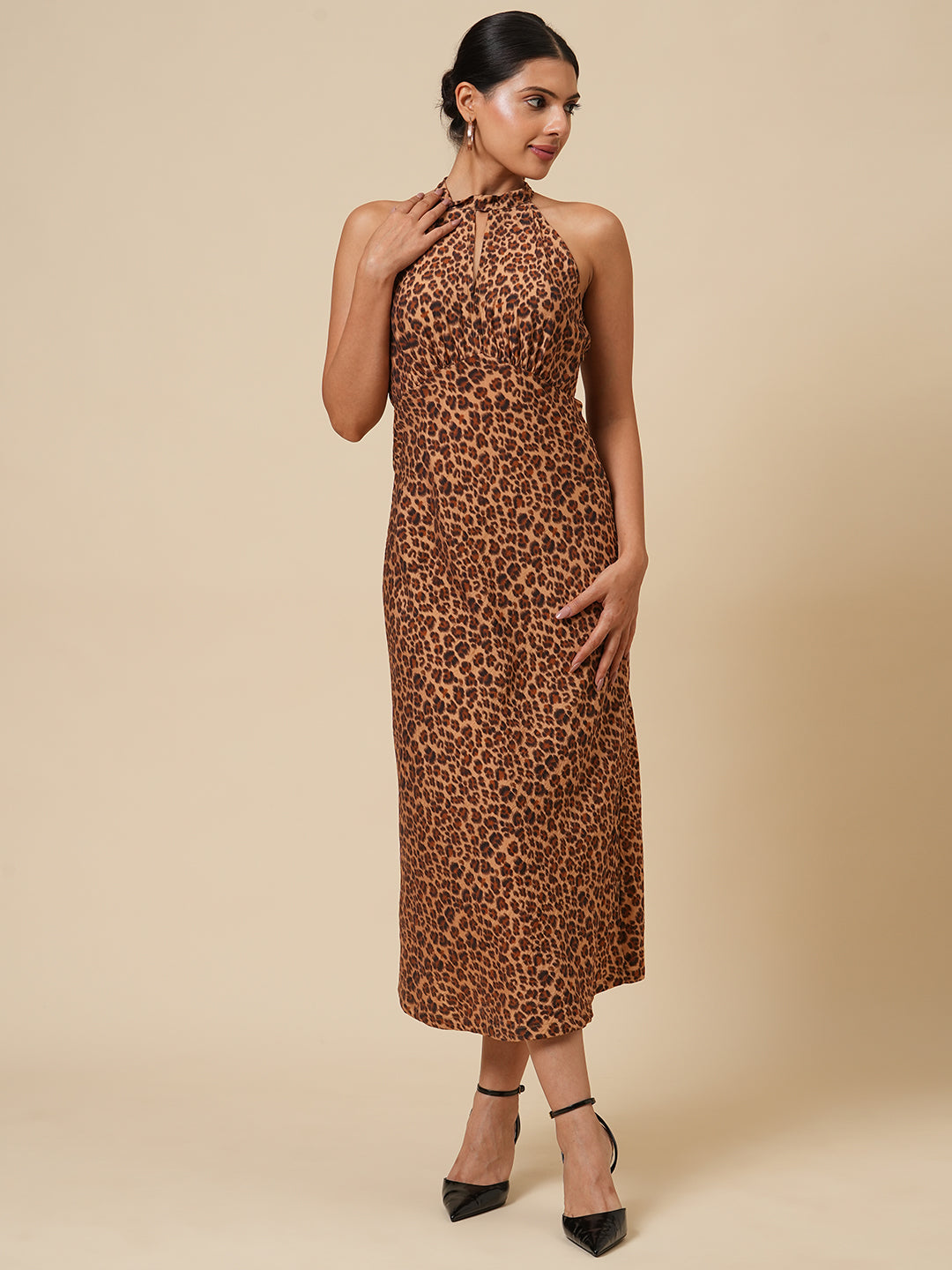 LEOPARD PRINTED BIAS CUT HALTER DRESS