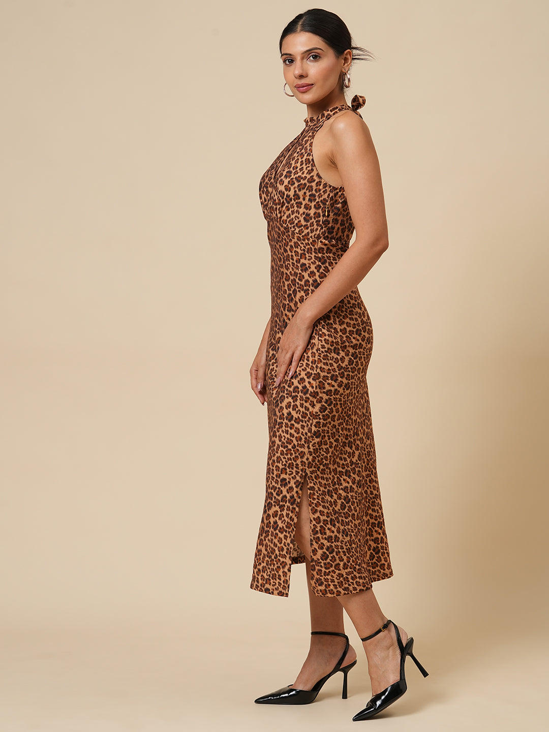 LEOPARD PRINTED BIAS CUT HALTER DRESS