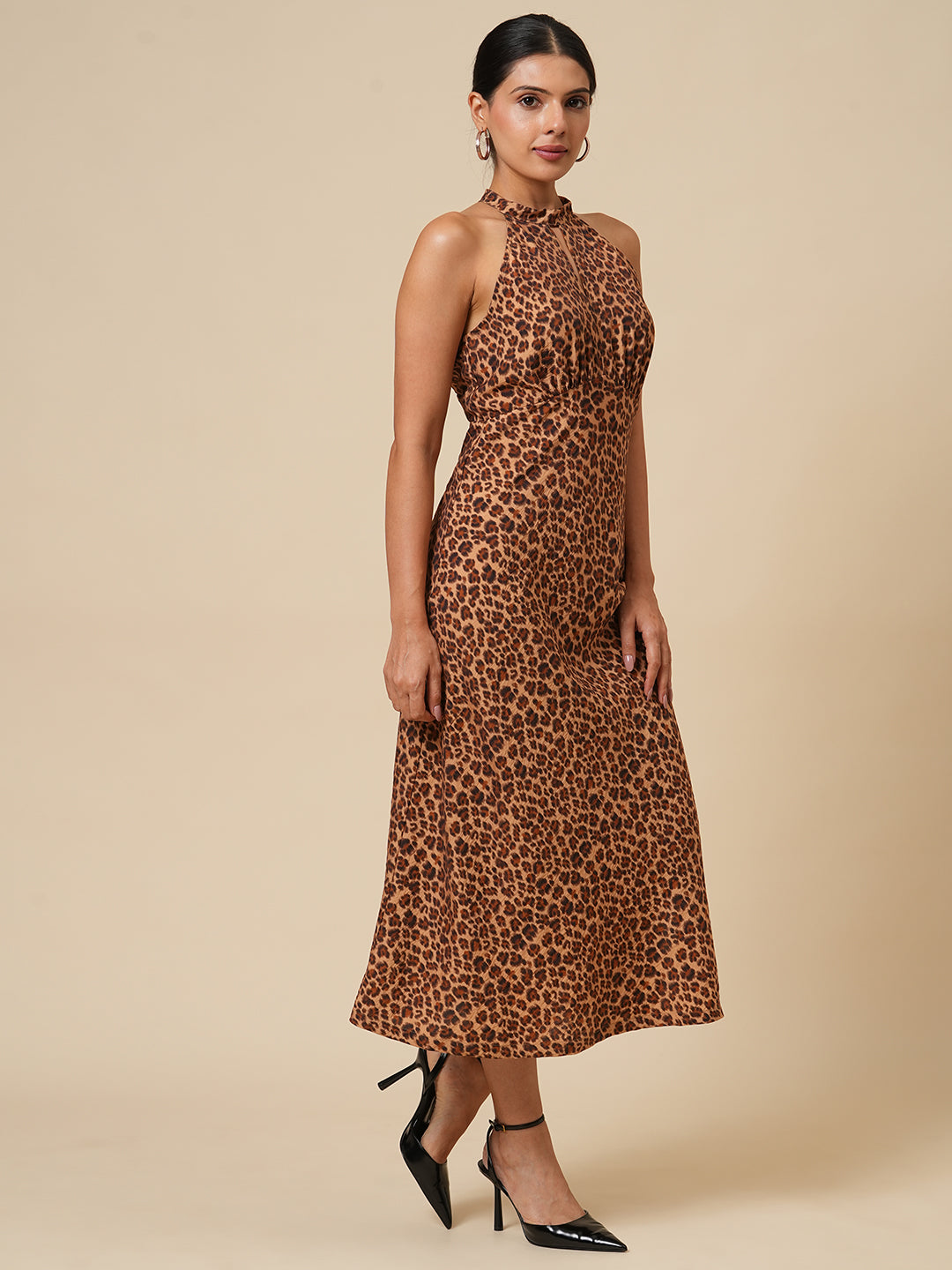 LEOPARD PRINTED BIAS CUT HALTER DRESS