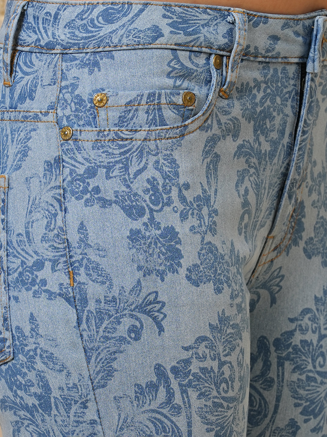 BAROQUE PRINTED DENIM SLIM FIT CROPPED JEANS