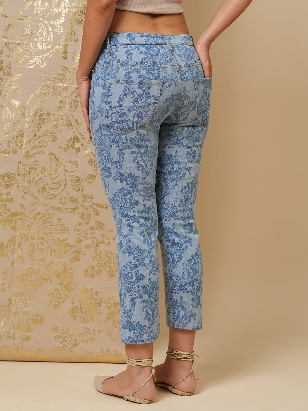 BAROQUE PRINTED DENIM SLIM FIT CROPPED JEANS