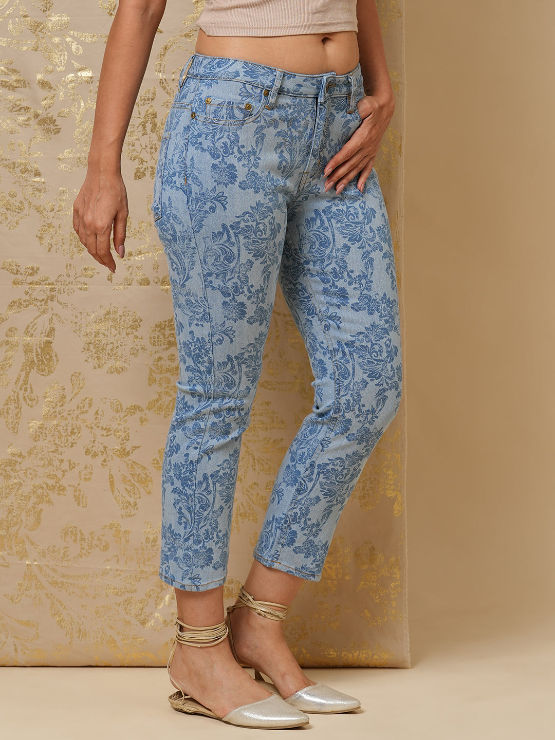 BAROQUE PRINTED DENIM SLIM FIT CROPPED JEANS