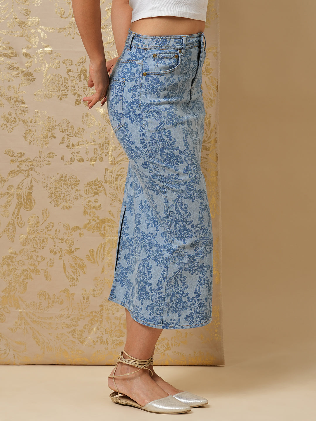 BAROQUE PRINTED DENIM PENCIL SKIRT