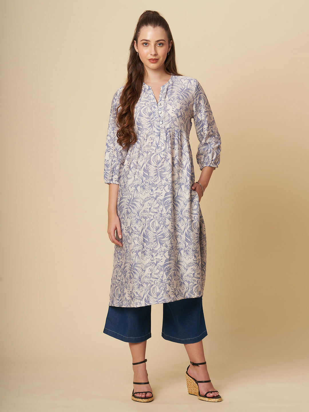 CRUSHED VISCOSE LONGLINE TUNIC & CROPPED DENIM PJ SET