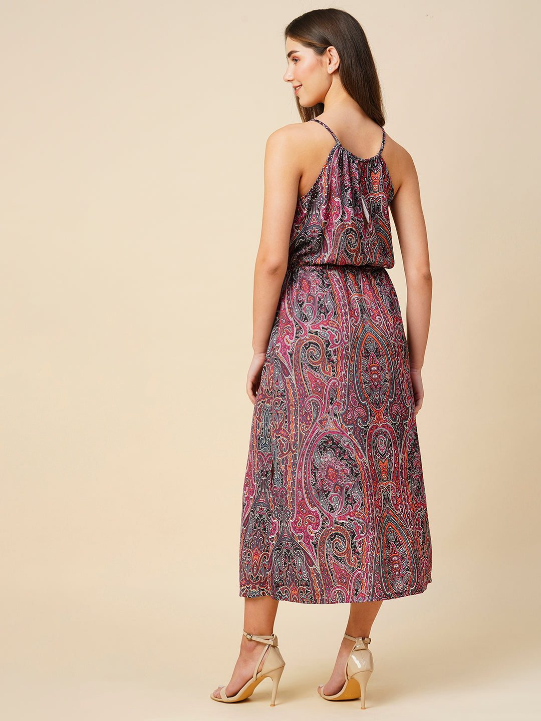 Paisley Printed Satin Halter Dress With Jewelled Tassels