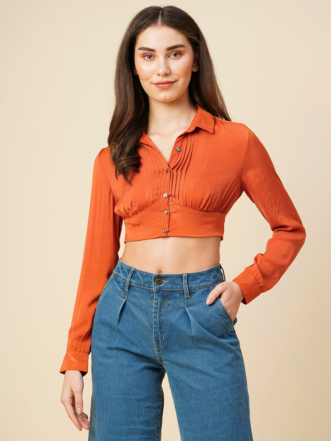 Hammered Satin Pintucked Cropped Shirt