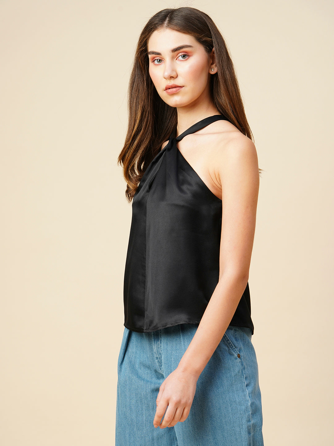 Satin Knotted Front Halter Neck Top