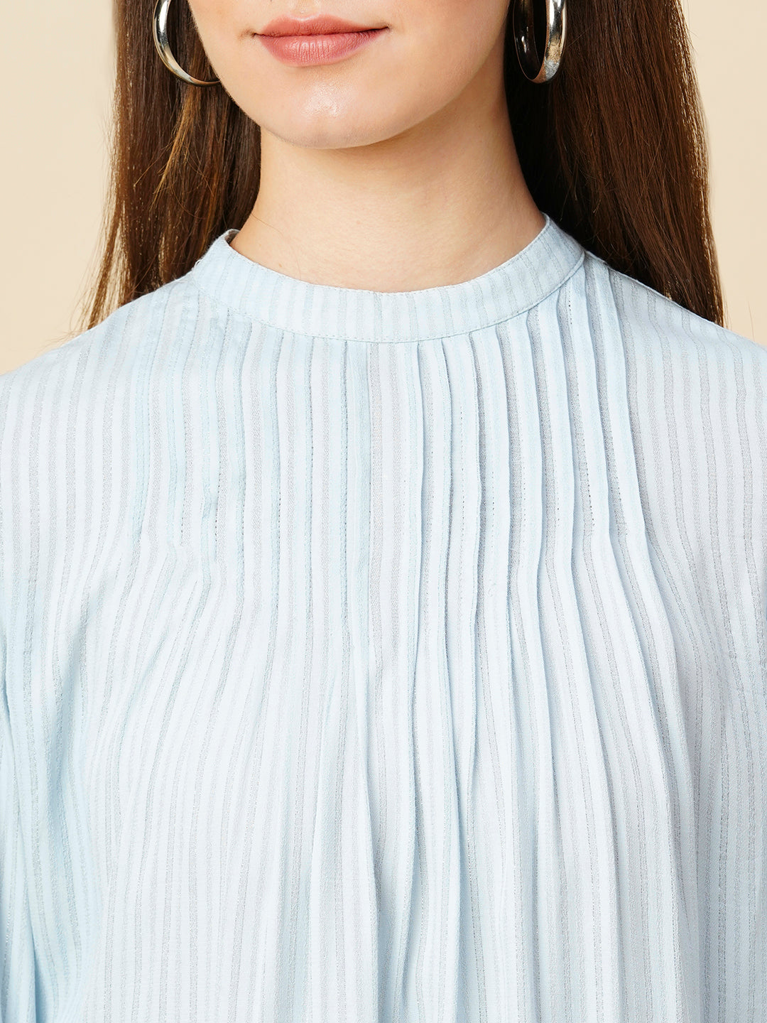 Viscose Crepe Striped Lurex Tucked Detail High Neck Swing Top