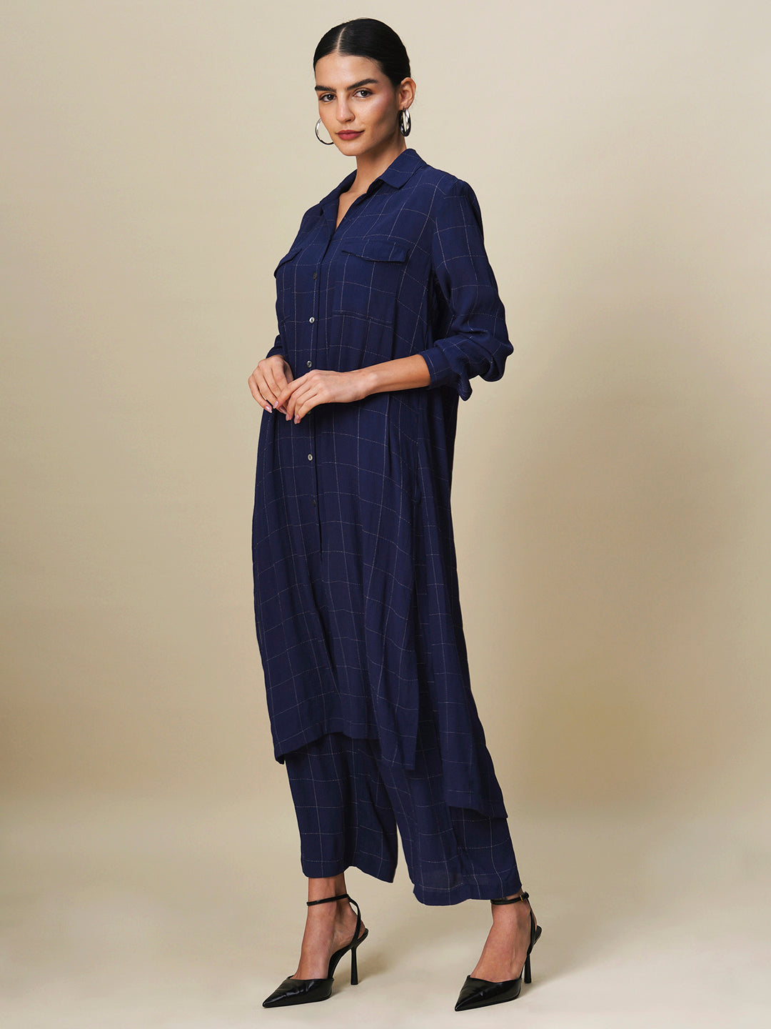 LUREX CHECKS VISCOSE CREPE LONGLINE SHIRT & WIDE LEG PANTS CO-ORD SET