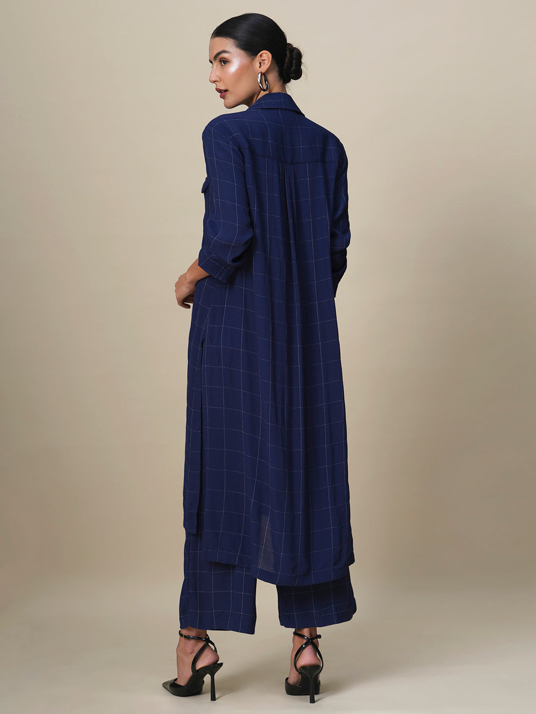 LUREX CHECKS VISCOSE CREPE LONGLINE SHIRT & WIDE LEG PANTS CO-ORD SET