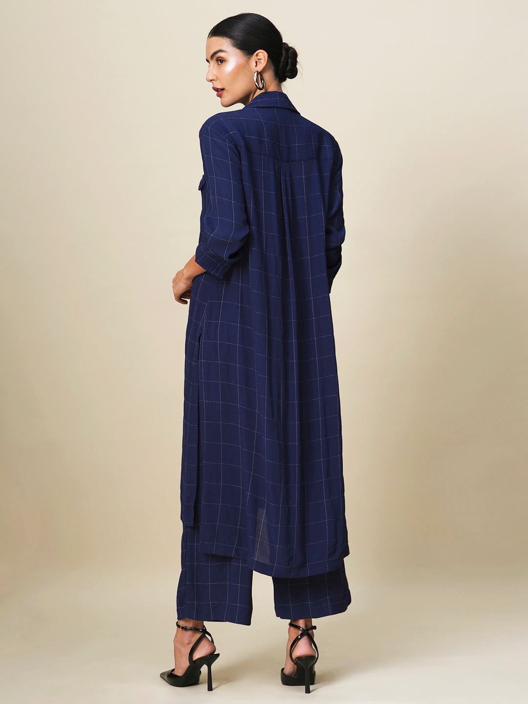 LUREX CHECKS VISCOSE CREPE LONGLINE SHIRT & WIDE LEG PANTS CO-ORD SET