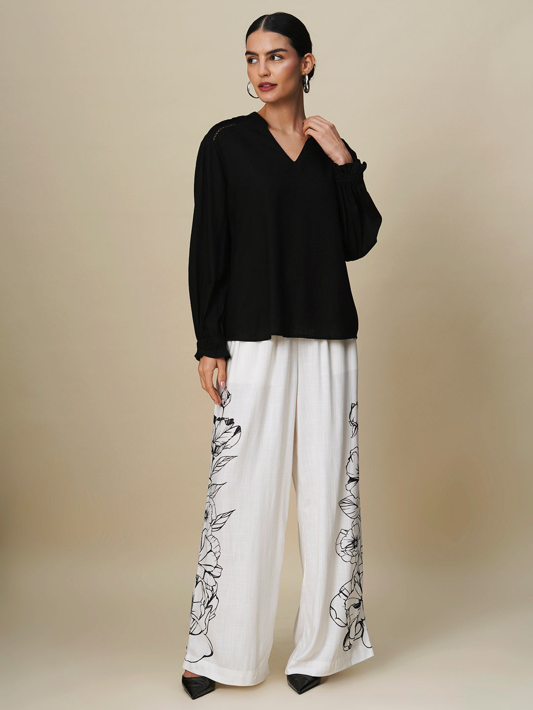 VISCOSE SLUB POP OVER TOP & PRINTED WIDE LEG PANTS CO-ORD SET