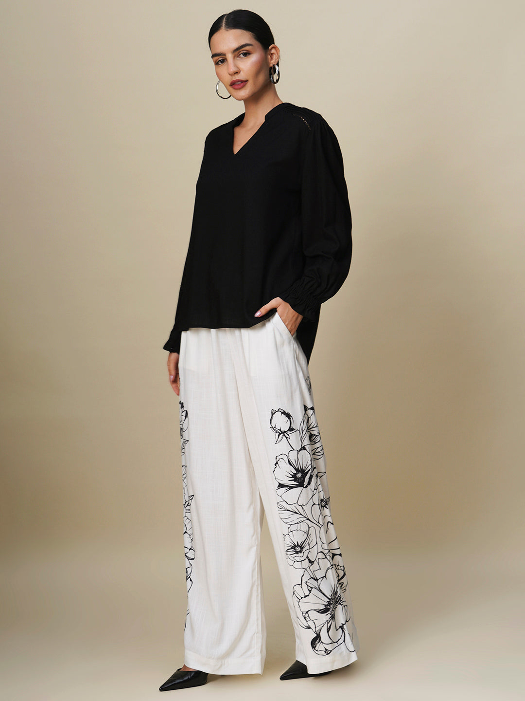 VISCOSE SLUB POP OVER TOP & PRINTED WIDE LEG PANTS CO-ORD SET