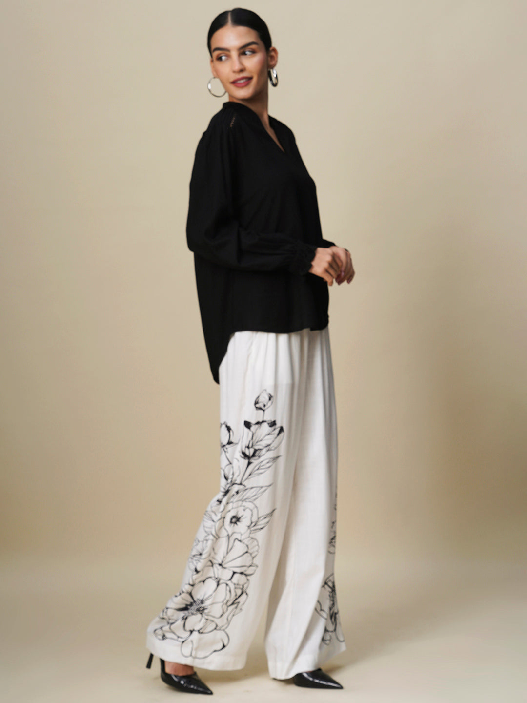 VISCOSE SLUB POP OVER TOP & PRINTED WIDE LEG PANTS CO-ORD SET