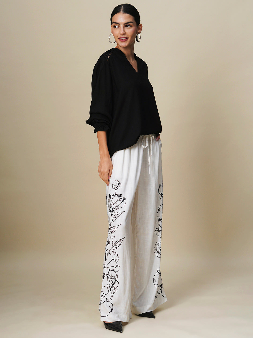 VISCOSE SLUB POP OVER TOP & PRINTED WIDE LEG PANTS CO-ORD SET