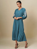 CRINKLE RAYON EMBROIDERED BASQUE DRESS