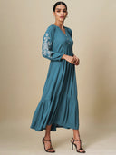 CRINKLE RAYON EMBROIDERED BASQUE DRESS