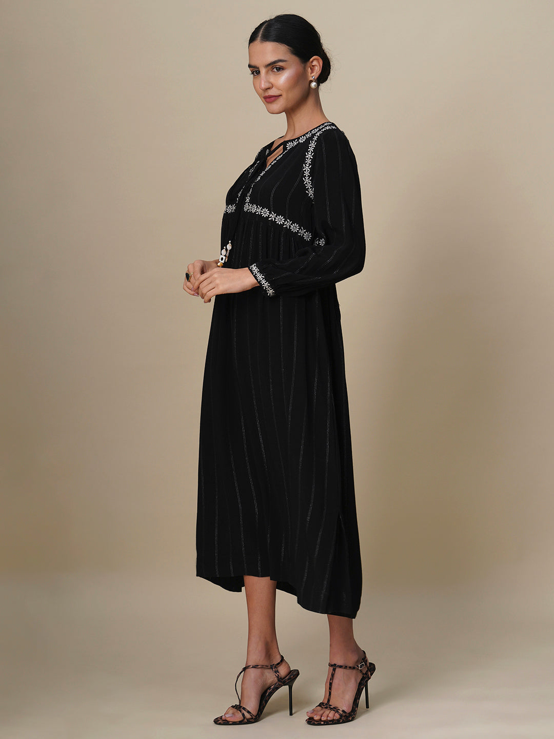 LUREX STRIPES VISCOSE CREPE EMBROIDERED DRESS