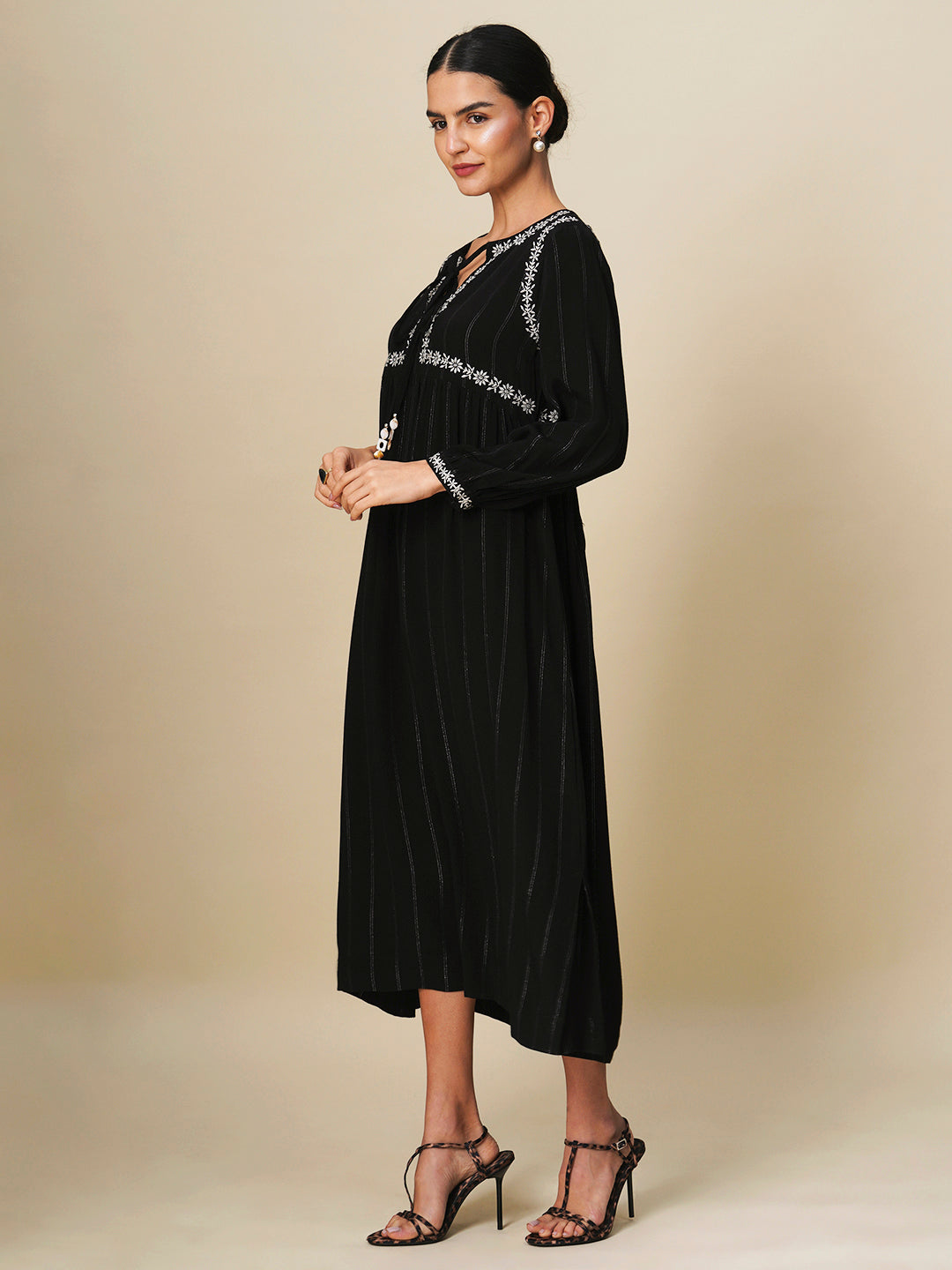 LUREX STRIPES VISCOSE CREPE EMBROIDERED DRESS