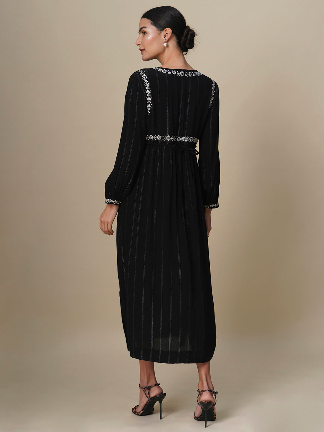 LUREX STRIPES VISCOSE CREPE EMBROIDERED DRESS