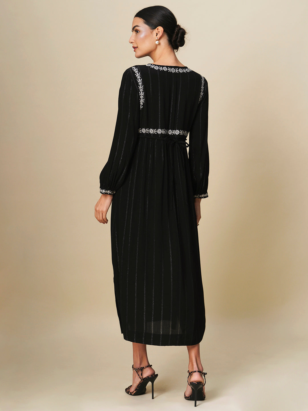 LUREX STRIPES VISCOSE CREPE EMBROIDERED DRESS