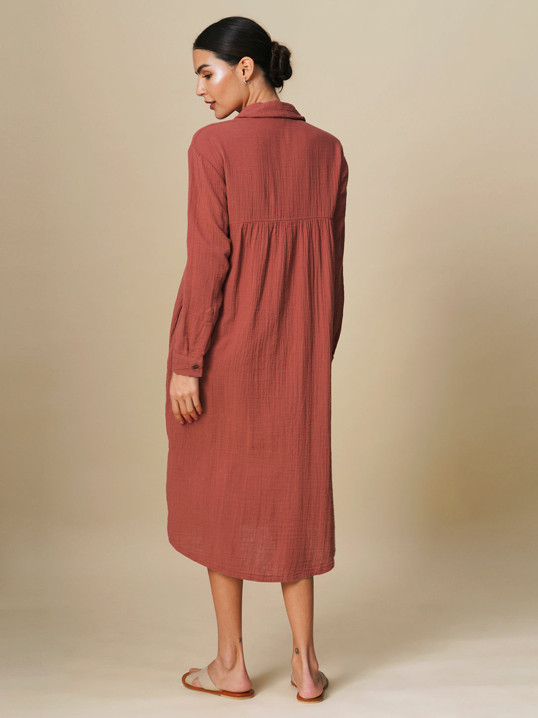 CRINKLE DOUBLE COTTON CREPE LOUNGE SHIRT DRESS