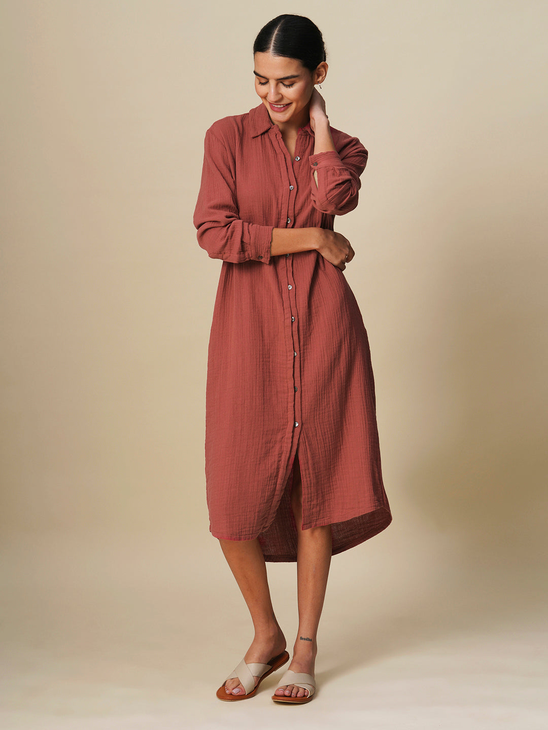 CRINKLE DOUBLE COTTON CREPE LOUNGE SHIRT DRESS