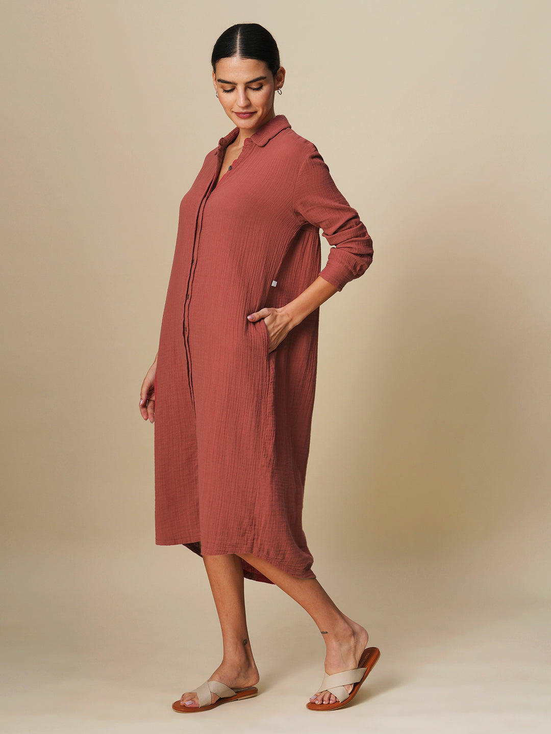 CRINKLE DOUBLE COTTON CREPE LOUNGE SHIRT DRESS