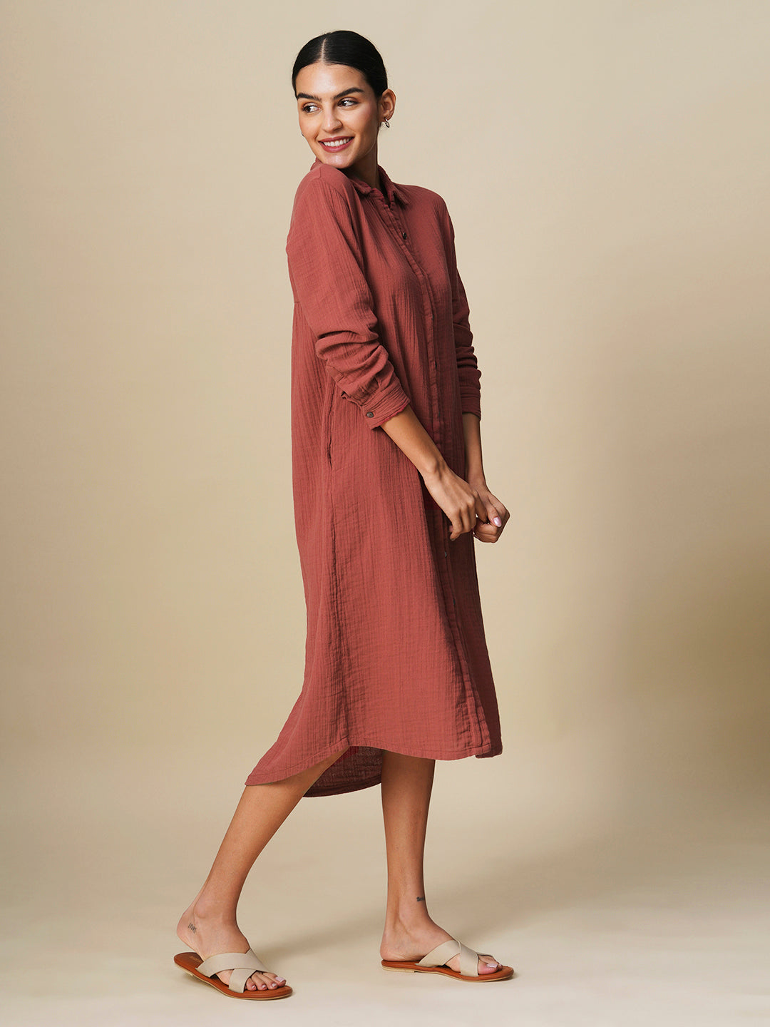 CRINKLE DOUBLE COTTON CREPE LOUNGE SHIRT DRESS