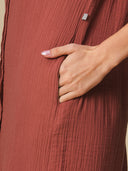 CRINKLE DOUBLE COTTON CREPE LOUNGE SHIRT DRESS