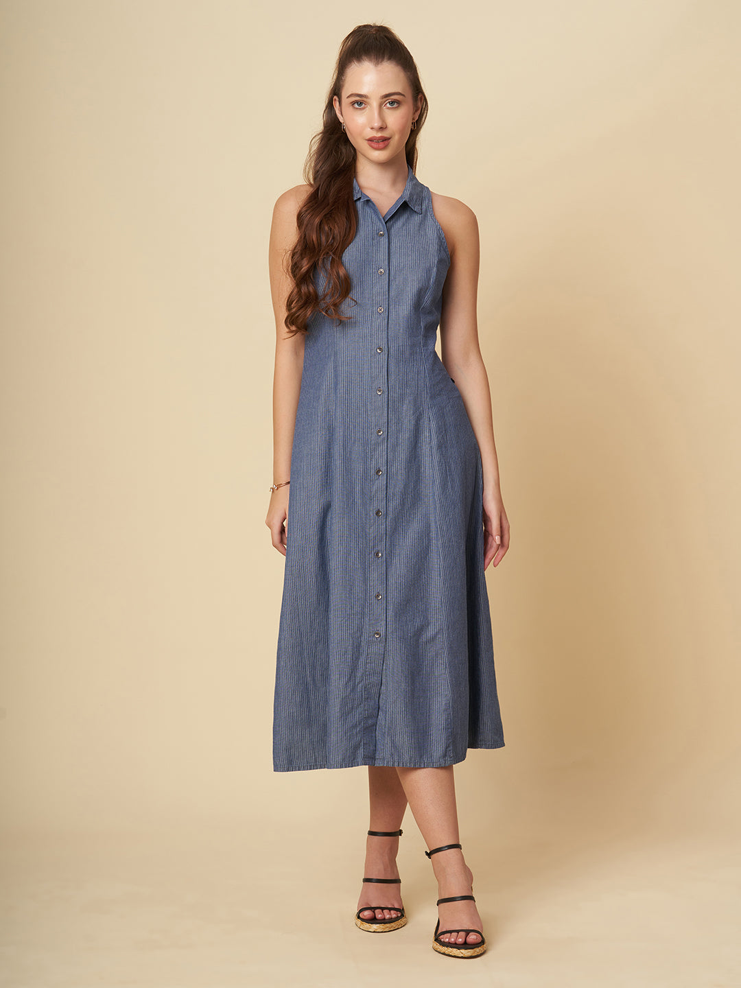 STRIPED DENIM FIT N FLARE SHIRT DRESS