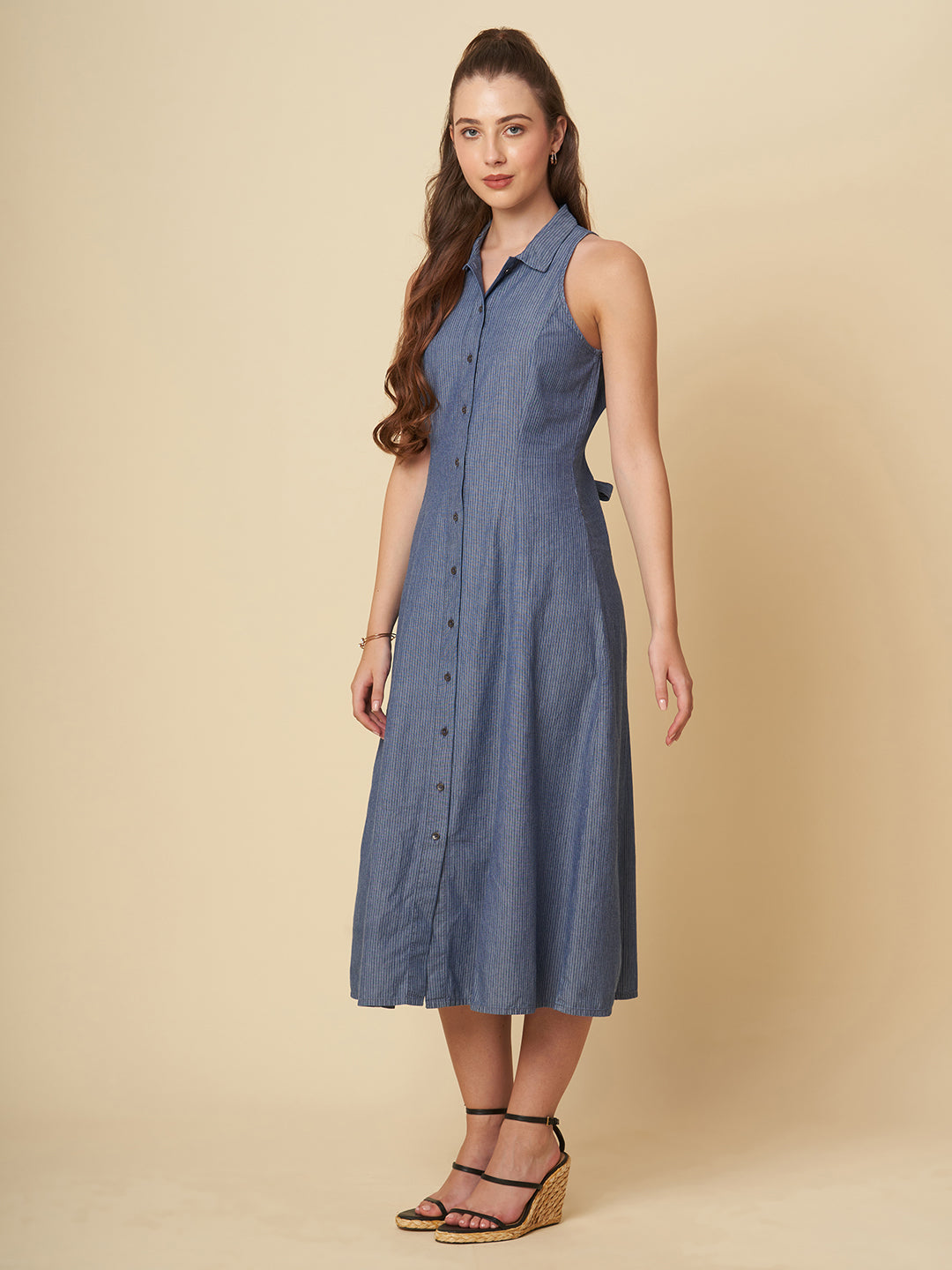 STRIPED DENIM FIT N FLARE SHIRT DRESS