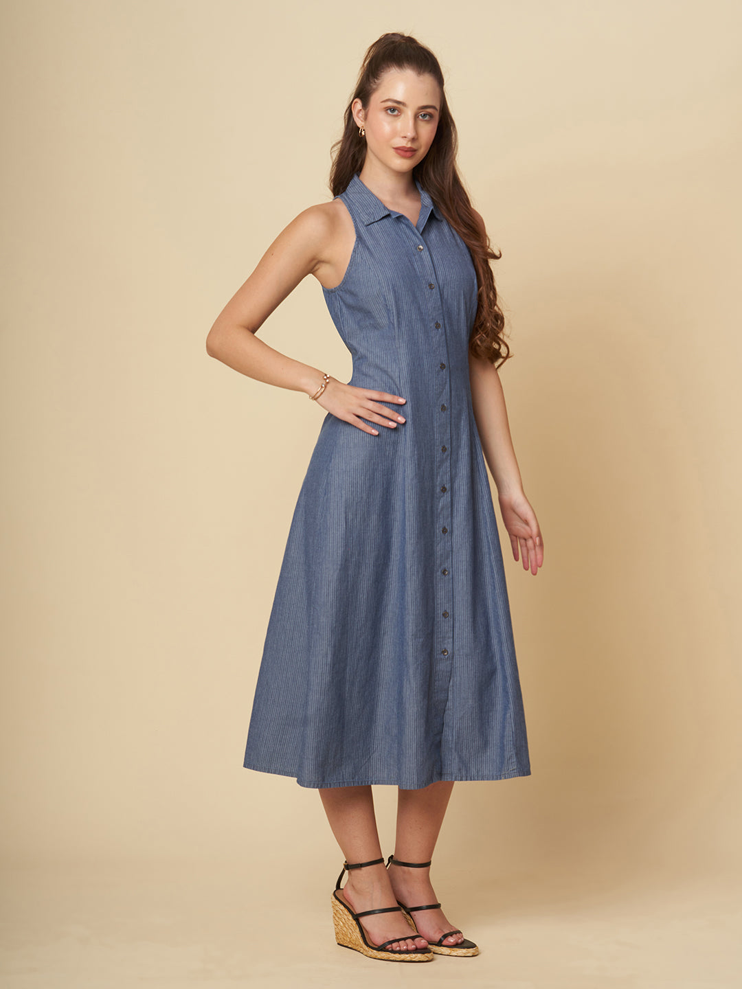 STRIPED DENIM FIT N FLARE SHIRT DRESS