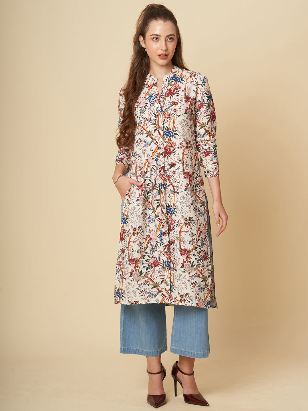 CRUSHED VISCOSE LONGLINE TUNIC & CROPPED DENIM PJ SET