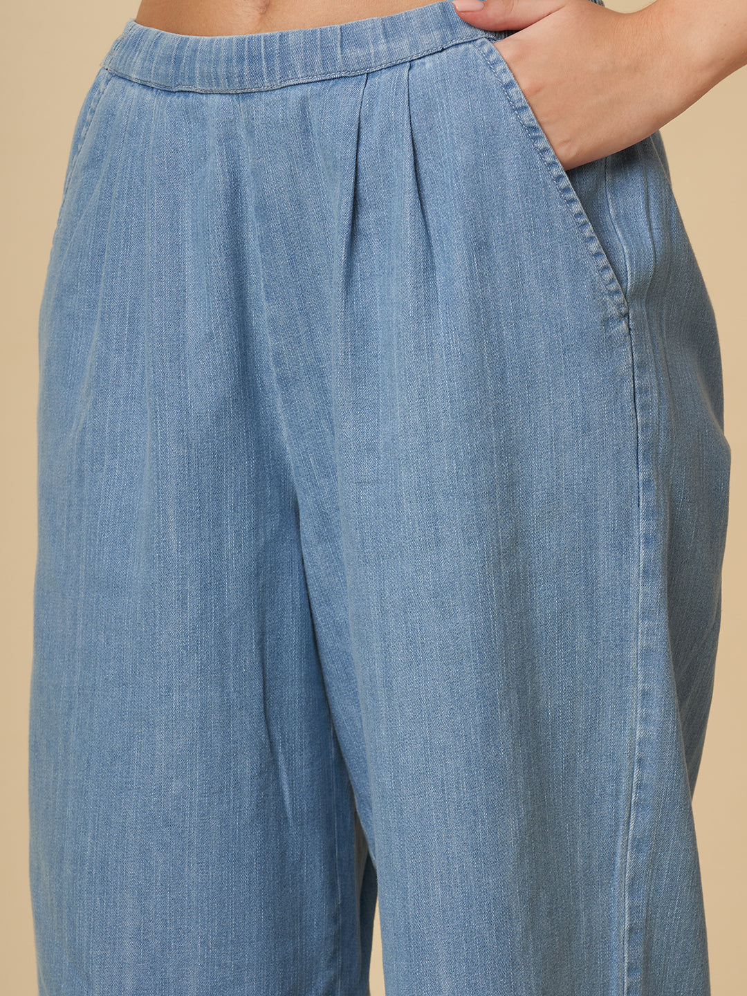 CRUSHED VISCOSE LONGLINE TUNIC & CROPPED DENIM PJ SET