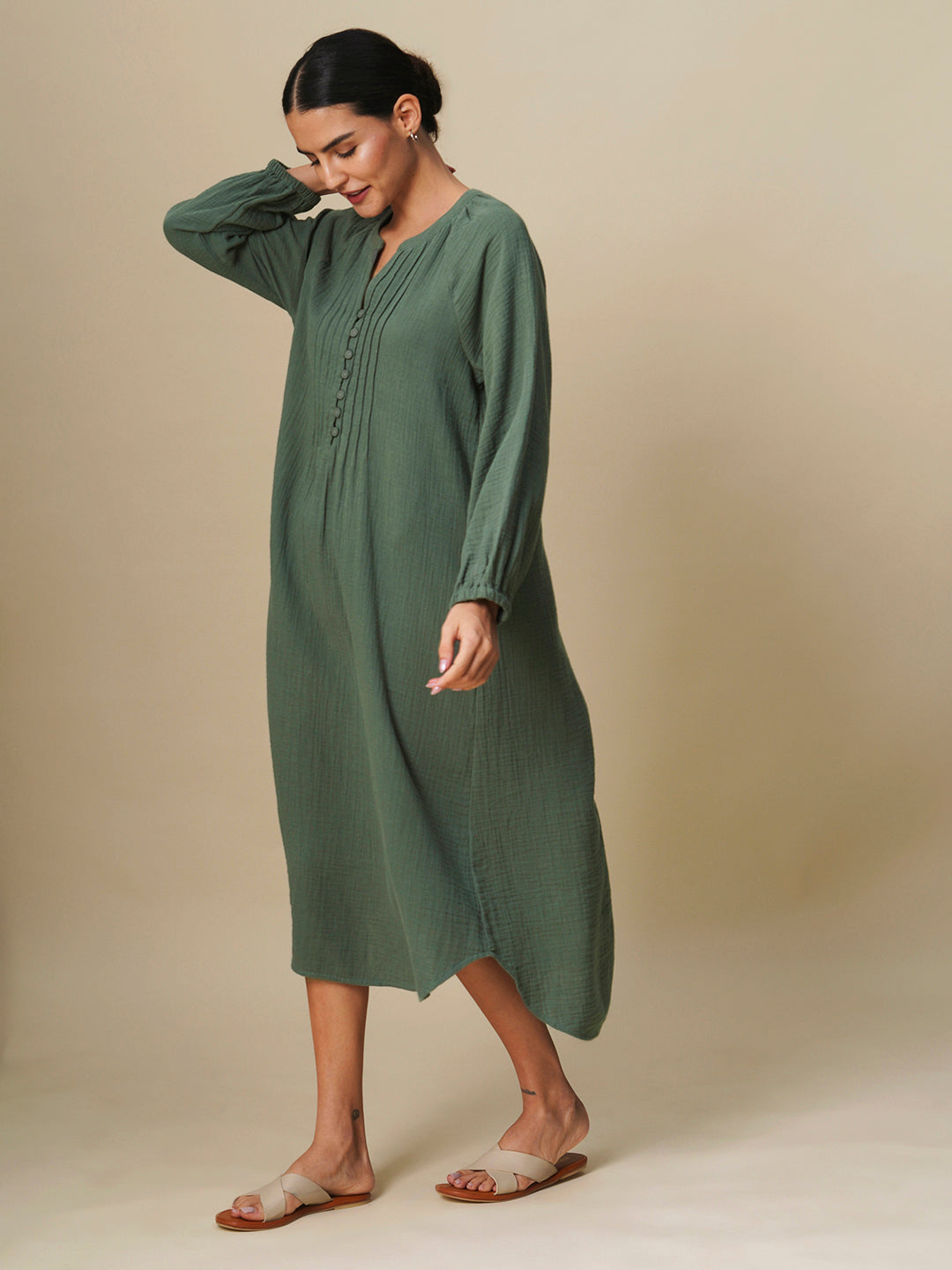 CRINKLE DOUBLE COTTON CREPE LOUNGE DRESS