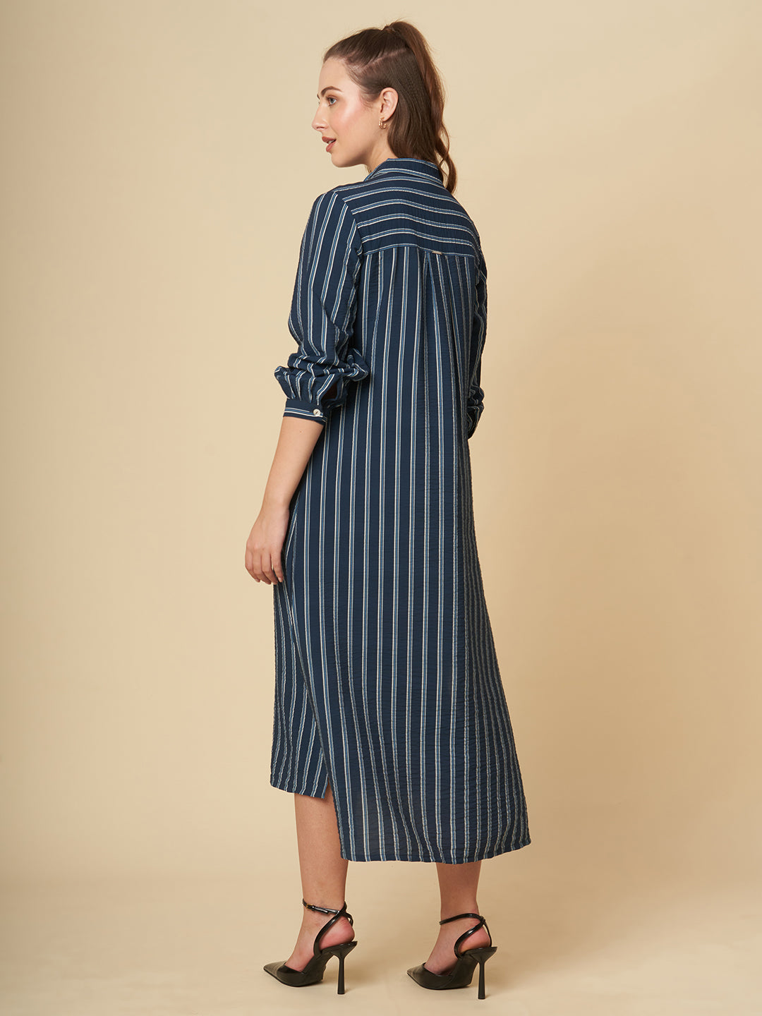 CRUSHED VISCOSE SIDE SLIT STRIPED DRESS