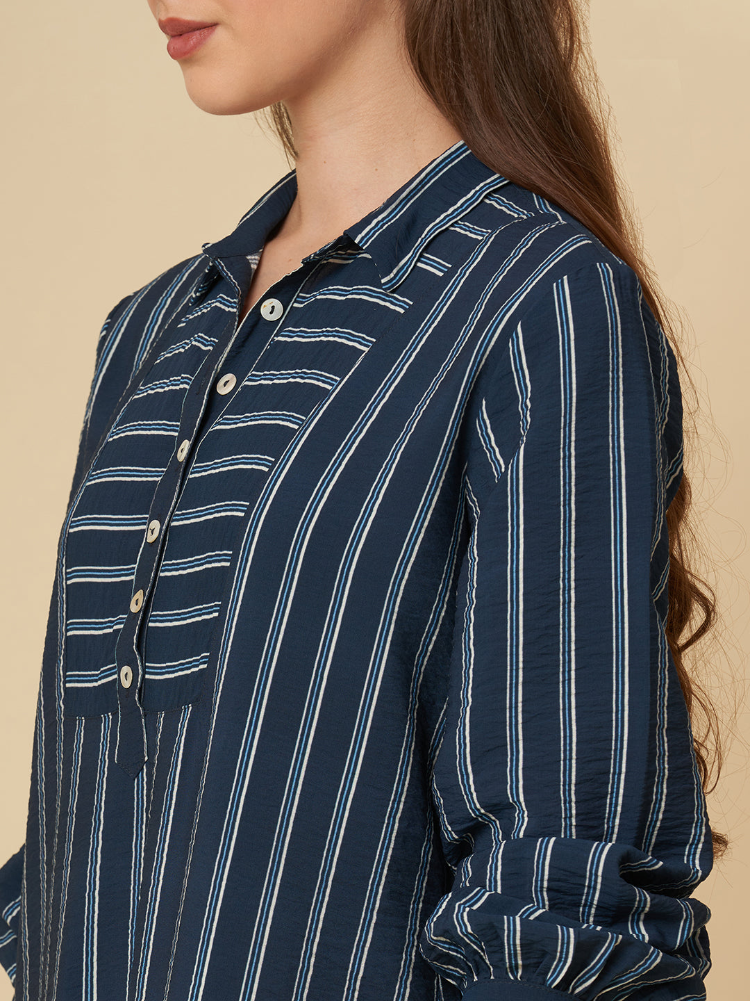 CRUSHED VISCOSE SIDE SLIT STRIPED DRESS