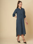 CRUSHED VISCOSE SIDE SLIT STRIPED DRESS