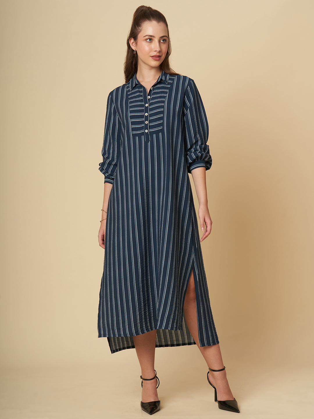 CRUSHED VISCOSE SIDE SLIT STRIPED DRESS