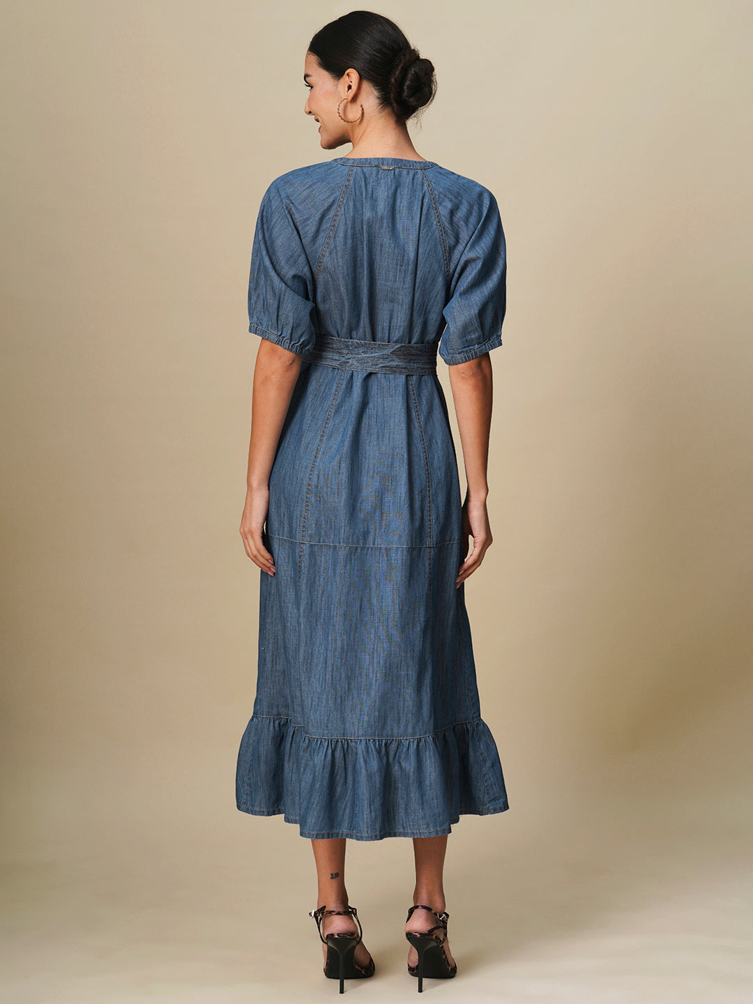 DENIM BELTED TIERED SHIRT DRESS