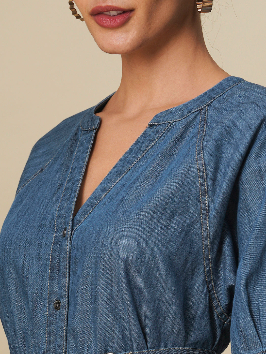 DENIM BELTED TIERED SHIRT DRESS