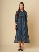 CRUSHED VISCOSE SIDE SLIT STRIPED DRESS