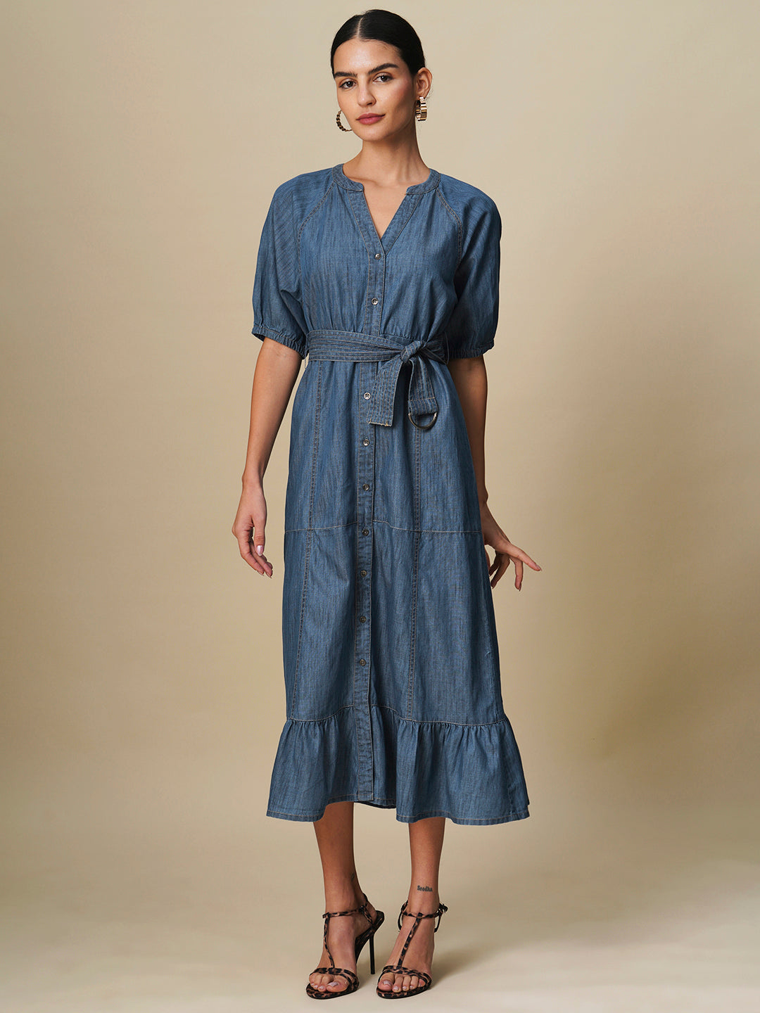 DENIM BELTED TIERED SHIRT DRESS