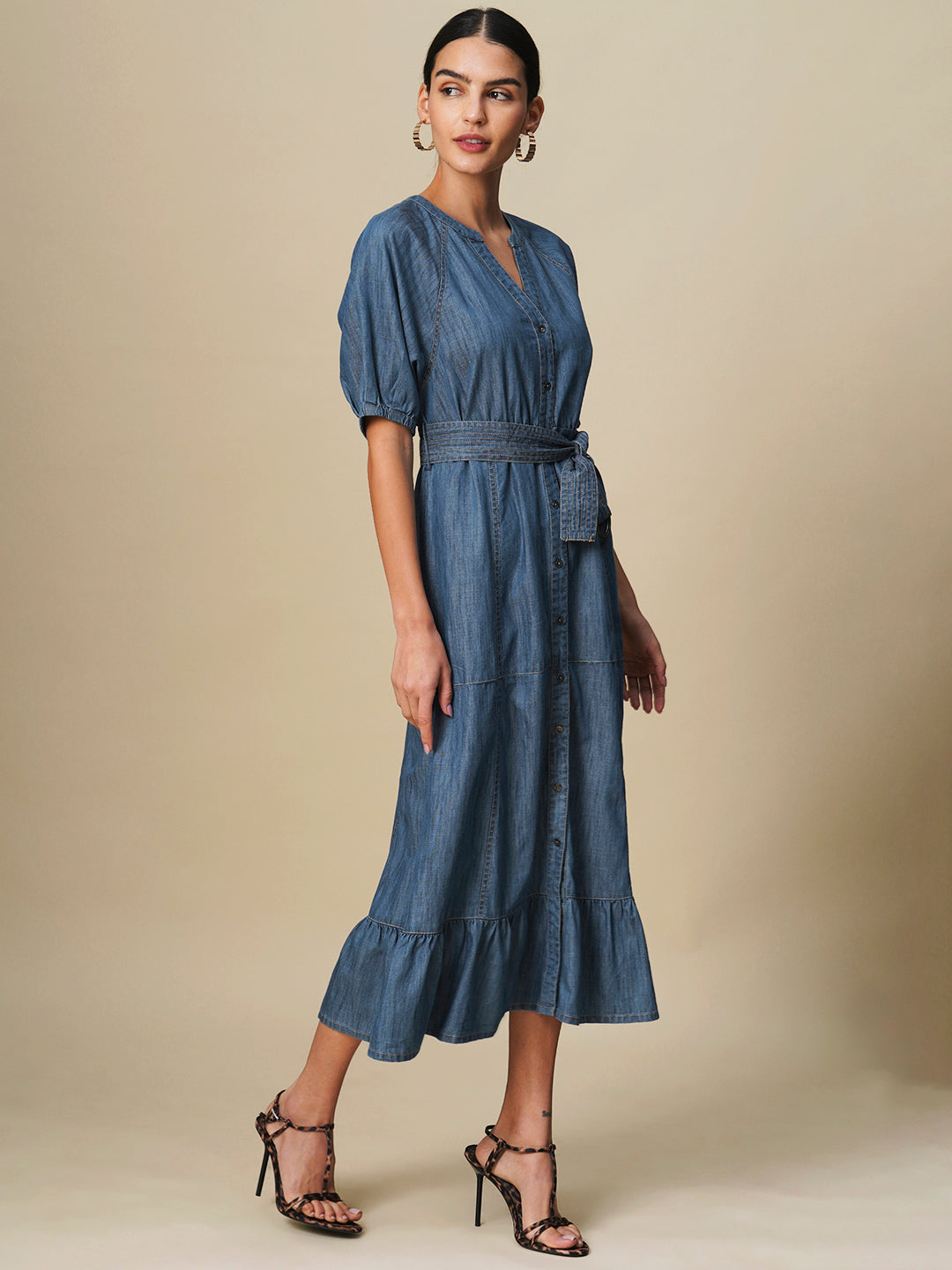 DENIM BELTED TIERED SHIRT DRESS